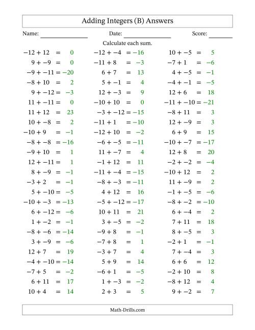 The Adding Mixed Integers from -12 to 12 (75 Questions; No Parentheses) (B) Math Worksheet Page 2