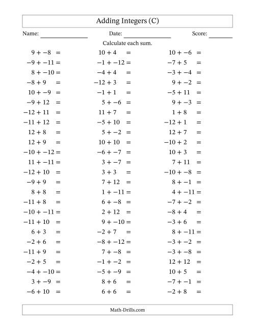 The Adding Mixed Integers from -12 to 12 (75 Questions; No Parentheses) (C) Math Worksheet