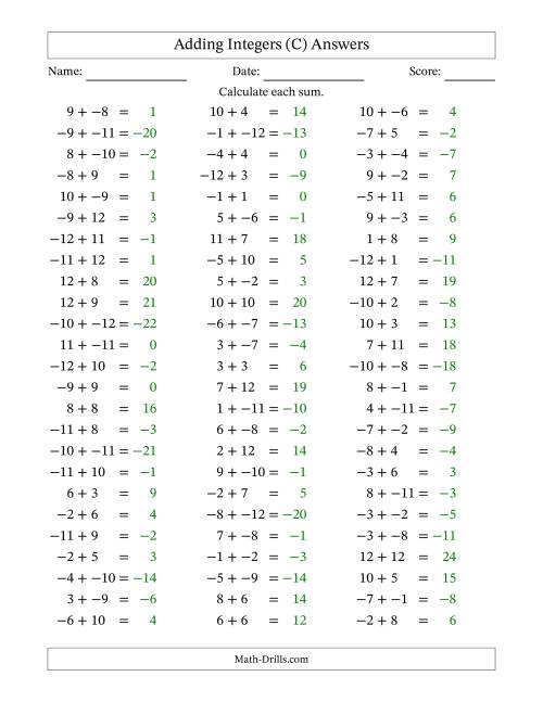 The Adding Mixed Integers from -12 to 12 (75 Questions; No Parentheses) (C) Math Worksheet Page 2