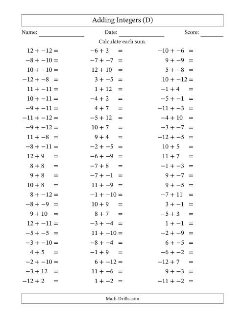 The Adding Mixed Integers from -12 to 12 (75 Questions; No Parentheses) (D) Math Worksheet