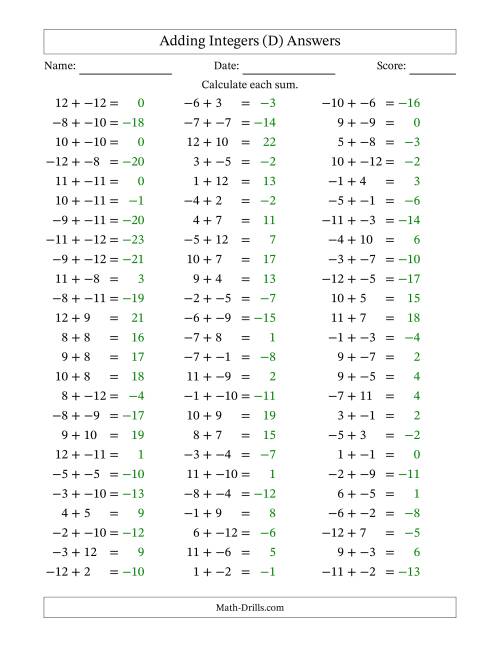 The Adding Mixed Integers from -12 to 12 (75 Questions; No Parentheses) (D) Math Worksheet Page 2