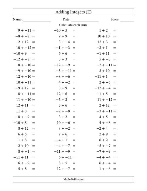The Adding Mixed Integers from -12 to 12 (75 Questions; No Parentheses) (E) Math Worksheet