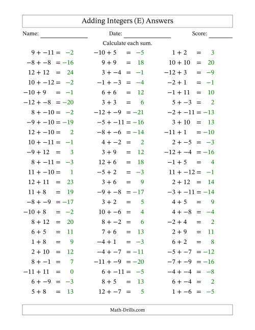 The Adding Mixed Integers from -12 to 12 (75 Questions; No Parentheses) (E) Math Worksheet Page 2