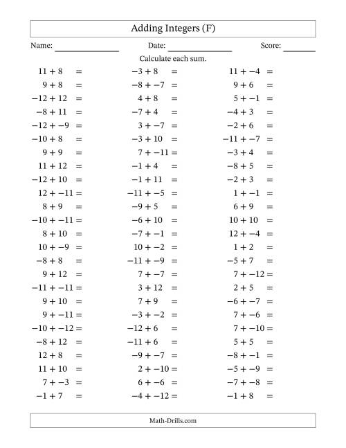 The Adding Mixed Integers from -12 to 12 (75 Questions; No Parentheses) (F) Math Worksheet