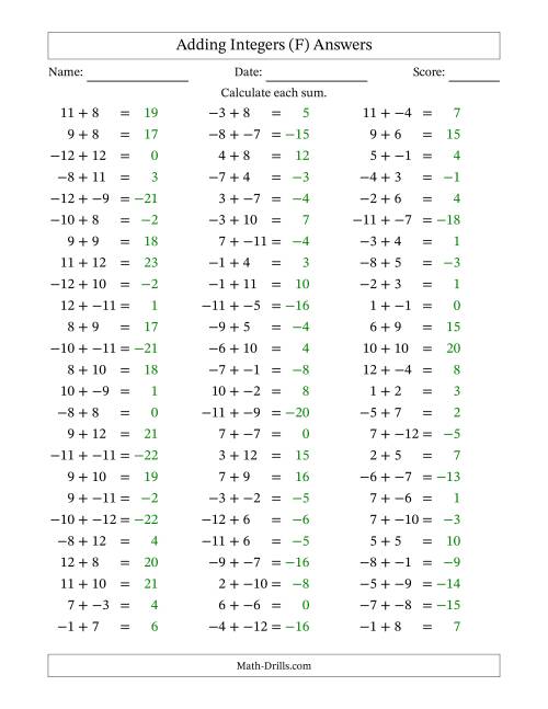 The Adding Mixed Integers from -12 to 12 (75 Questions; No Parentheses) (F) Math Worksheet Page 2