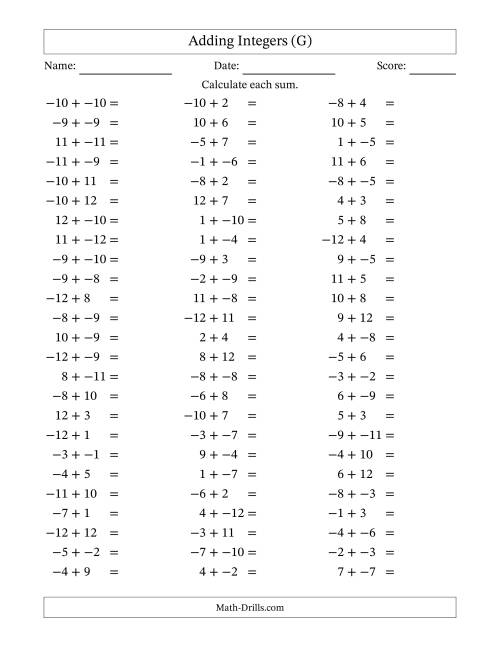 The Adding Mixed Integers from -12 to 12 (75 Questions; No Parentheses) (G) Math Worksheet