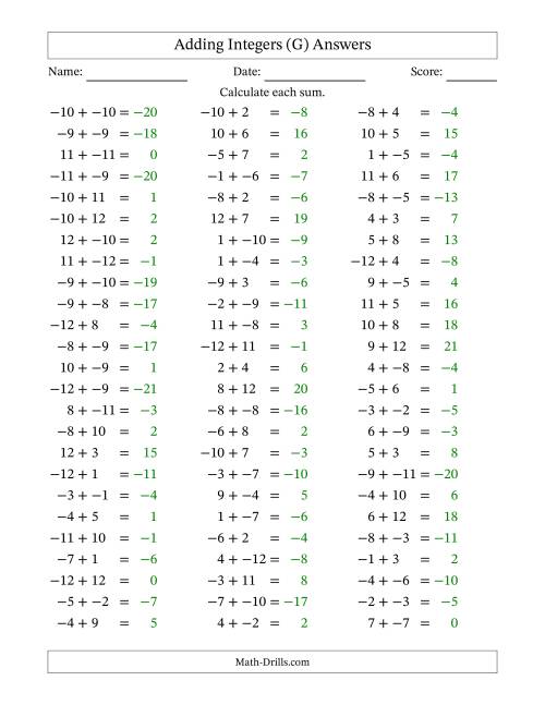 The Adding Mixed Integers from -12 to 12 (75 Questions; No Parentheses) (G) Math Worksheet Page 2