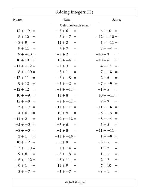 The Adding Mixed Integers from -12 to 12 (75 Questions; No Parentheses) (H) Math Worksheet