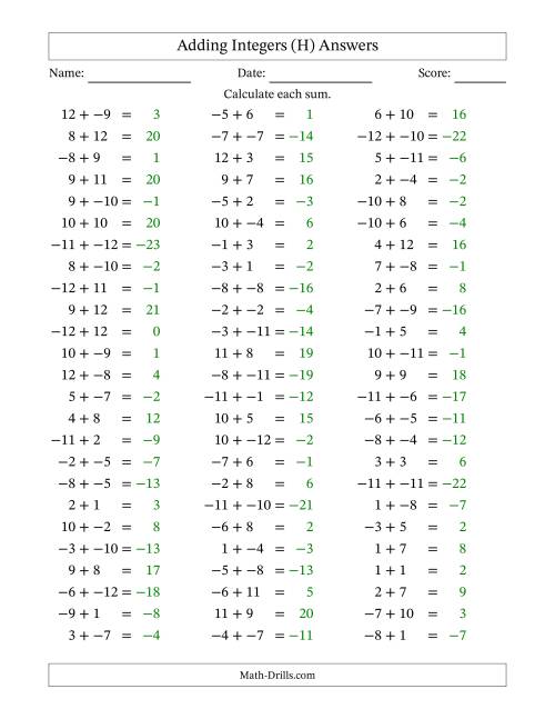 The Adding Mixed Integers from -12 to 12 (75 Questions; No Parentheses) (H) Math Worksheet Page 2
