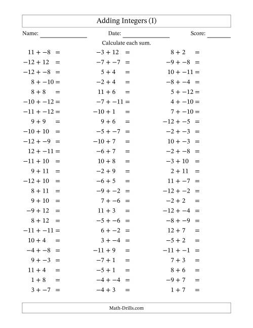 The Adding Mixed Integers from -12 to 12 (75 Questions; No Parentheses) (I) Math Worksheet