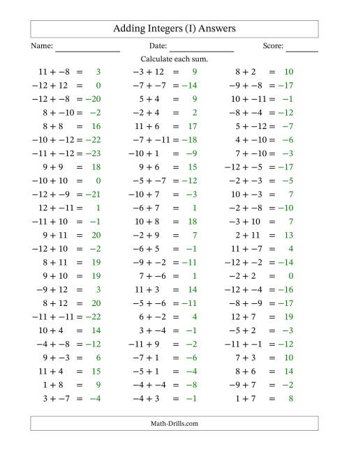 The Adding Mixed Integers from -12 to 12 (75 Questions; No Parentheses) (I) Math Worksheet Page 2