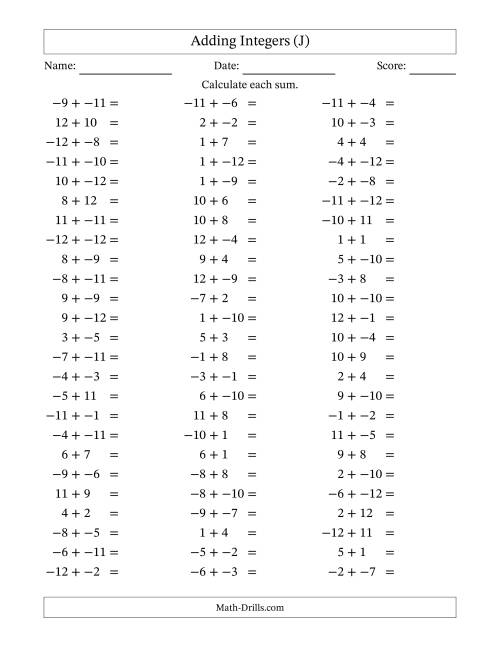 The Adding Mixed Integers from -12 to 12 (75 Questions; No Parentheses) (J) Math Worksheet
