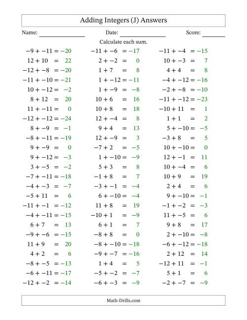 The Adding Mixed Integers from -12 to 12 (75 Questions; No Parentheses) (J) Math Worksheet Page 2