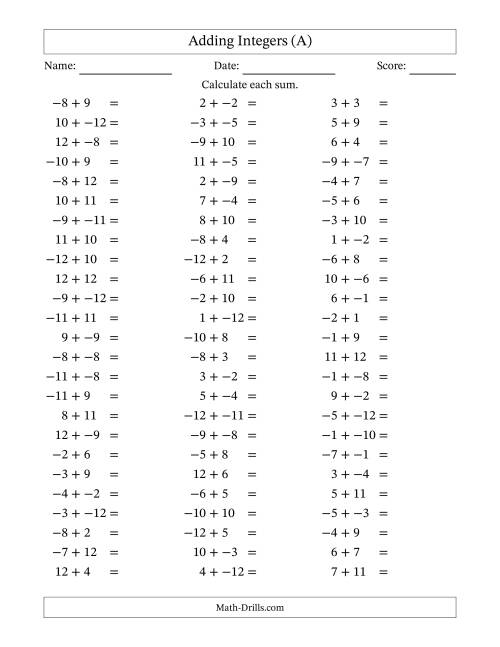 The Adding Mixed Integers from -12 to 12 (75 Questions; No Parentheses) (All) Math Worksheet