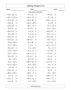 Adding Mixed Integers from -15 to 15 (75 Questions; No Parentheses)