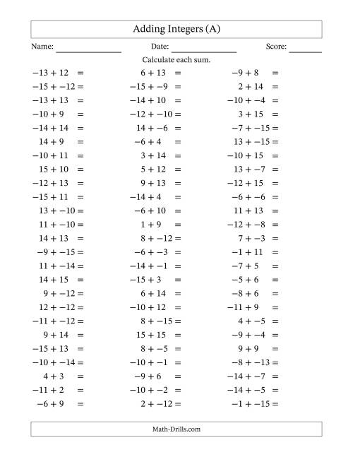 The Adding Mixed Integers from -15 to 15 (75 Questions; No Parentheses) (A) Math Worksheet