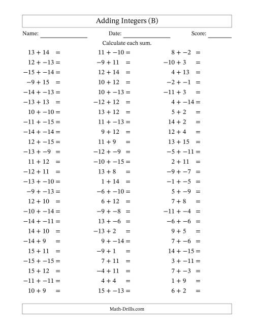 The Adding Mixed Integers from -15 to 15 (75 Questions; No Parentheses) (B) Math Worksheet