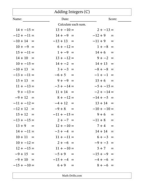 The Adding Mixed Integers from -15 to 15 (75 Questions; No Parentheses) (C) Math Worksheet