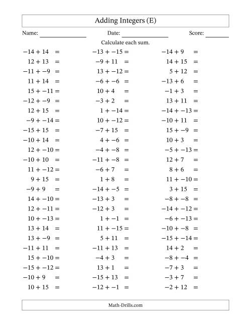 The Adding Mixed Integers from -15 to 15 (75 Questions; No Parentheses) (E) Math Worksheet