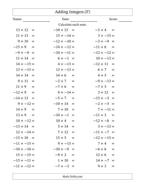 The Adding Mixed Integers from -15 to 15 (75 Questions; No Parentheses) (F) Math Worksheet