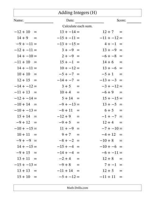 The Adding Mixed Integers from -15 to 15 (75 Questions; No Parentheses) (H) Math Worksheet
