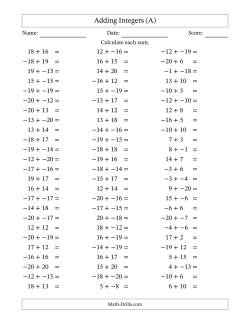 Adding Mixed Integers from -20 to 20 (75 Questions; No Parentheses)