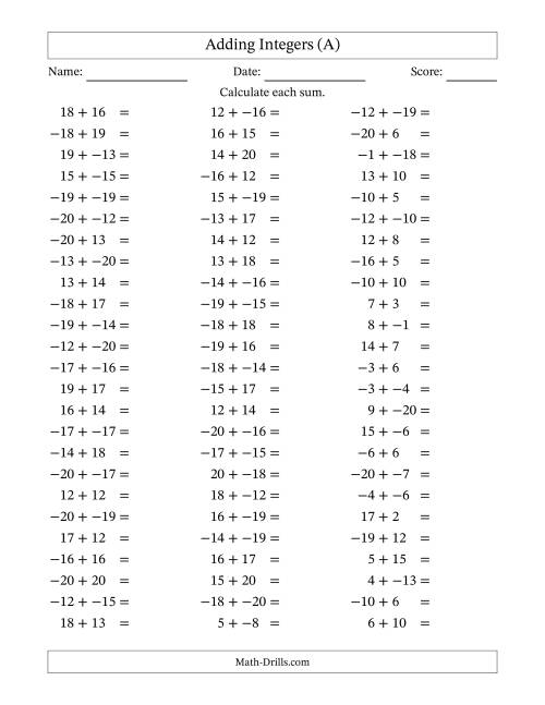 The Adding Mixed Integers from -20 to 20 (75 Questions; No Parentheses) (A) Math Worksheet