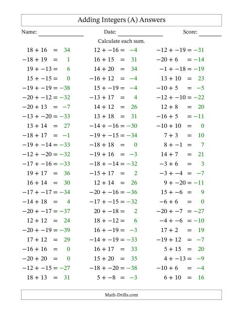 The Adding Mixed Integers from -20 to 20 (75 Questions; No Parentheses) (A) Math Worksheet Page 2