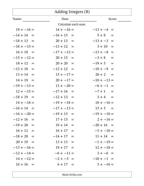 The Adding Mixed Integers from -20 to 20 (75 Questions; No Parentheses) (B) Math Worksheet