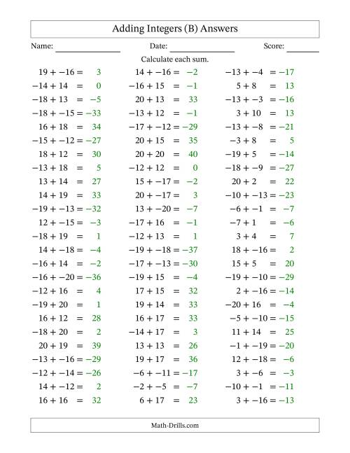 The Adding Mixed Integers from -20 to 20 (75 Questions; No Parentheses) (B) Math Worksheet Page 2