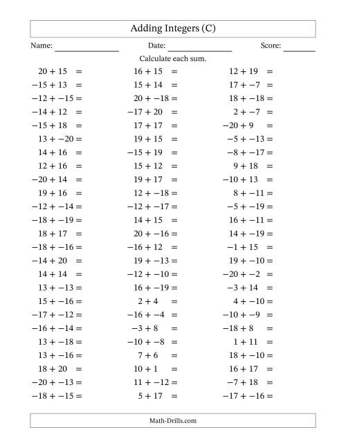 The Adding Mixed Integers from -20 to 20 (75 Questions; No Parentheses) (C) Math Worksheet