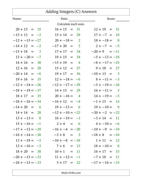 The Adding Mixed Integers from -20 to 20 (75 Questions; No Parentheses) (C) Math Worksheet Page 2