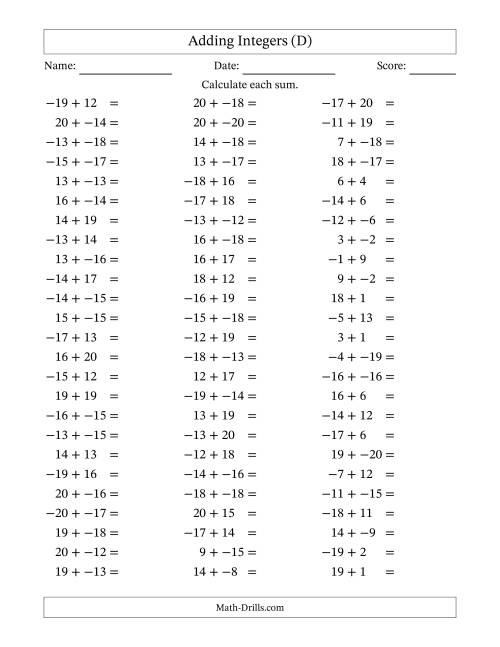 The Adding Mixed Integers from -20 to 20 (75 Questions; No Parentheses) (D) Math Worksheet