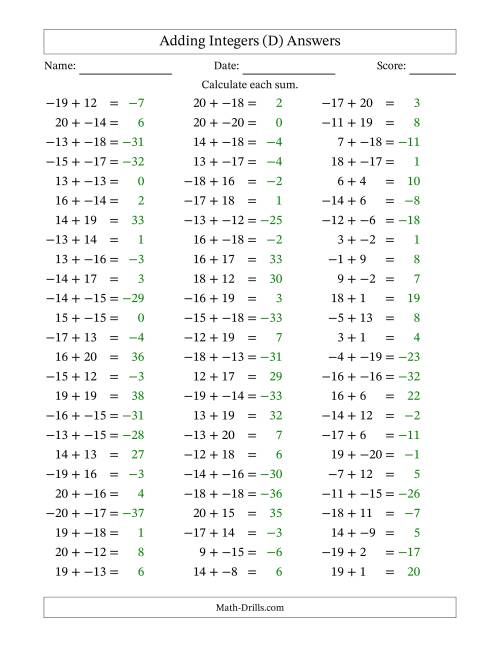 The Adding Mixed Integers from -20 to 20 (75 Questions; No Parentheses) (D) Math Worksheet Page 2