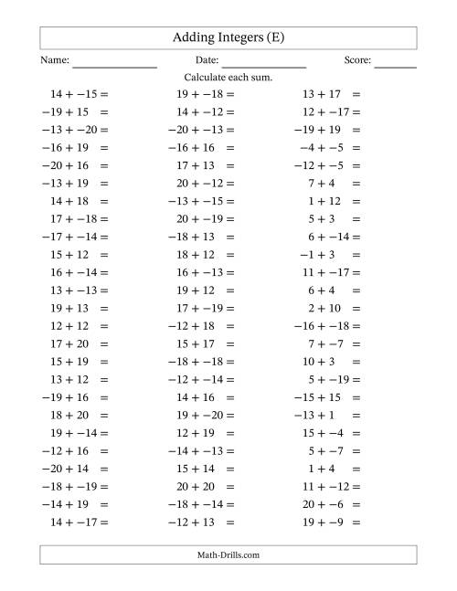 The Adding Mixed Integers from -20 to 20 (75 Questions; No Parentheses) (E) Math Worksheet