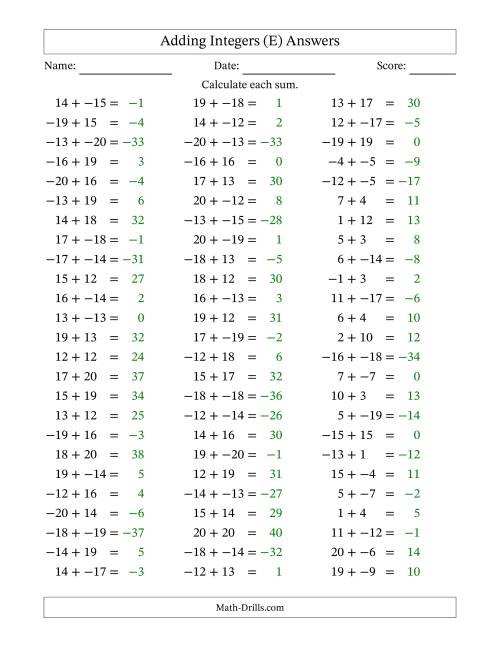 The Adding Mixed Integers from -20 to 20 (75 Questions; No Parentheses) (E) Math Worksheet Page 2