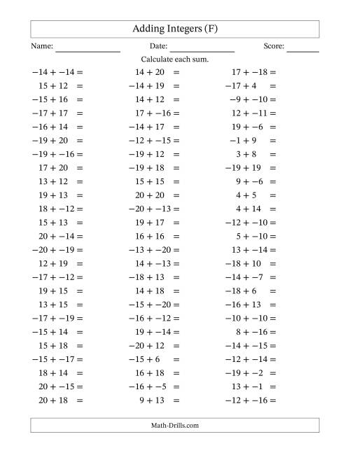 The Adding Mixed Integers from -20 to 20 (75 Questions; No Parentheses) (F) Math Worksheet