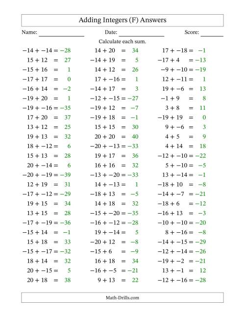 The Adding Mixed Integers from -20 to 20 (75 Questions; No Parentheses) (F) Math Worksheet Page 2