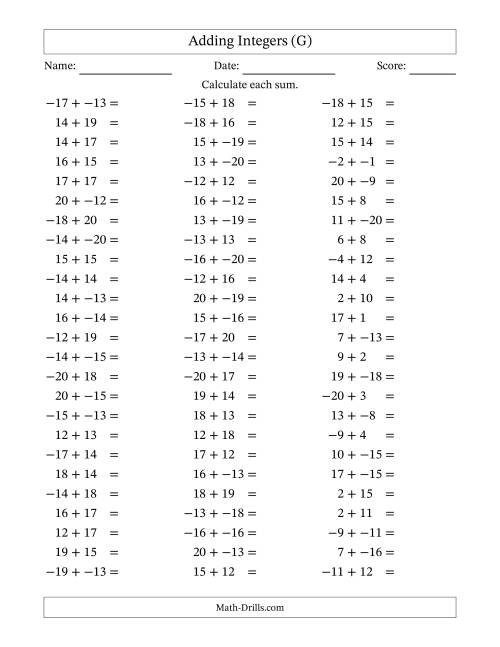 The Adding Mixed Integers from -20 to 20 (75 Questions; No Parentheses) (G) Math Worksheet