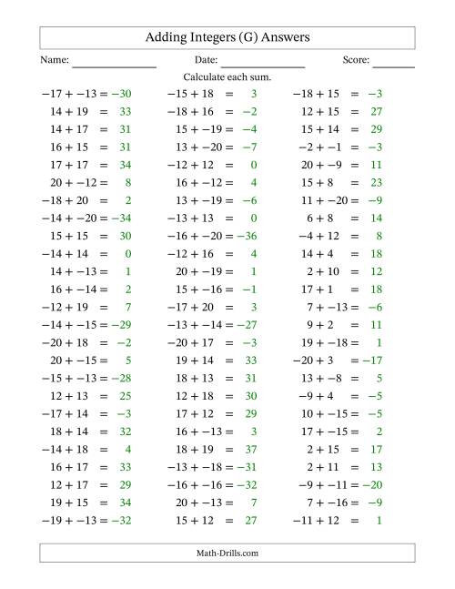 The Adding Mixed Integers from -20 to 20 (75 Questions; No Parentheses) (G) Math Worksheet Page 2