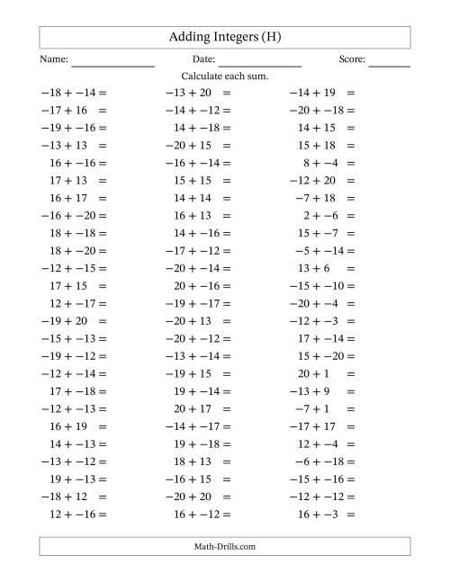 The Adding Mixed Integers from -20 to 20 (75 Questions; No Parentheses) (H) Math Worksheet