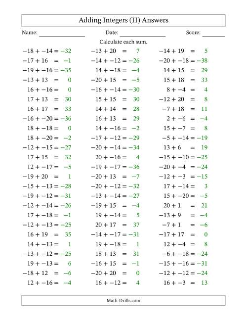 The Adding Mixed Integers from -20 to 20 (75 Questions; No Parentheses) (H) Math Worksheet Page 2
