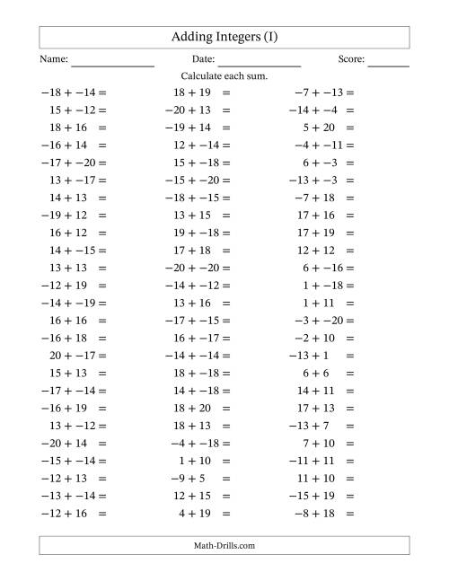 The Adding Mixed Integers from -20 to 20 (75 Questions; No Parentheses) (I) Math Worksheet