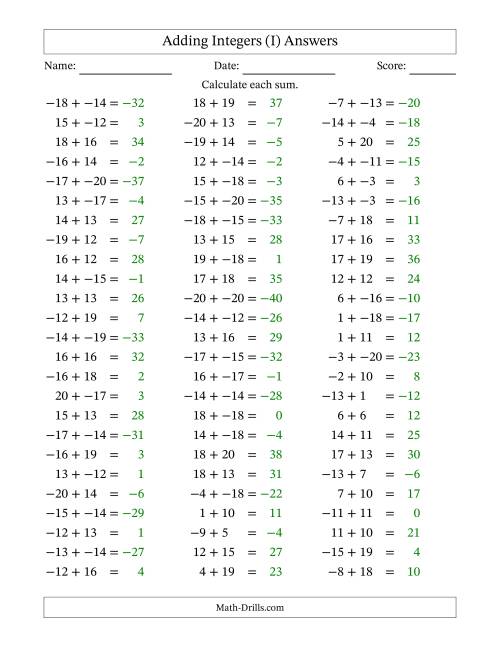 The Adding Mixed Integers from -20 to 20 (75 Questions; No Parentheses) (I) Math Worksheet Page 2