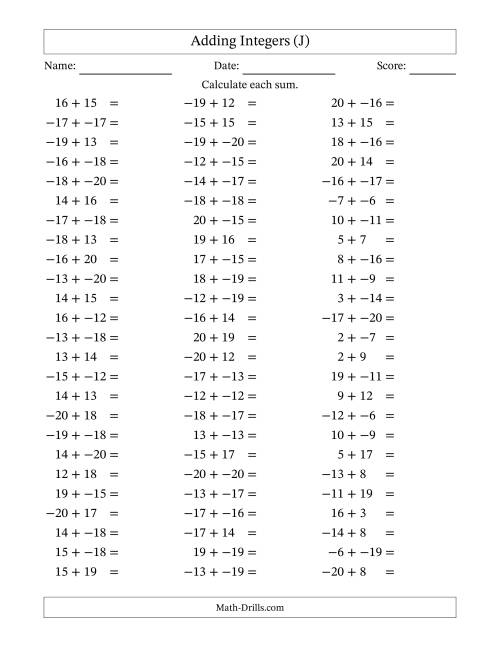 The Adding Mixed Integers from -20 to 20 (75 Questions; No Parentheses) (J) Math Worksheet