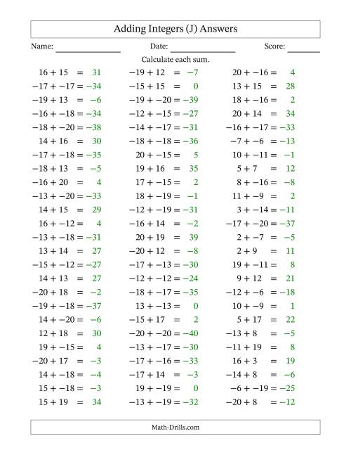 The Adding Mixed Integers from -20 to 20 (75 Questions; No Parentheses) (J) Math Worksheet Page 2