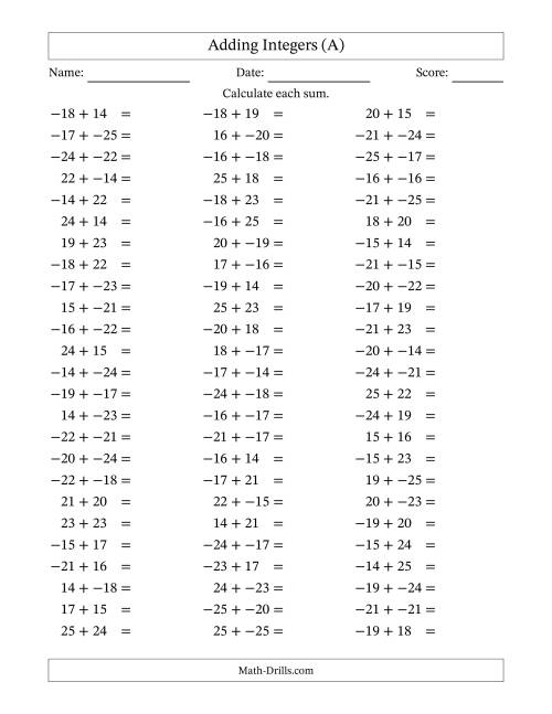 The Adding Mixed Integers from -25 to 25 (75 Questions; No Parentheses) (A) Math Worksheet