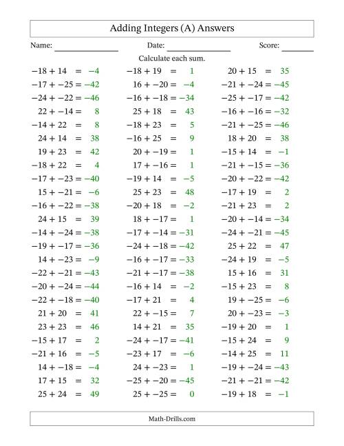 The Adding Mixed Integers from -25 to 25 (75 Questions; No Parentheses) (A) Math Worksheet Page 2