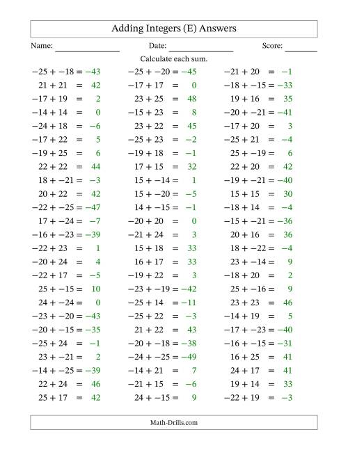 The Adding Mixed Integers from -25 to 25 (75 Questions; No Parentheses) (E) Math Worksheet Page 2