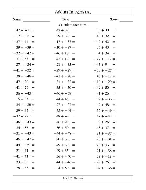 The Adding Mixed Integers from -50 to 50 (75 Questions; No Parentheses) (A) Math Worksheet